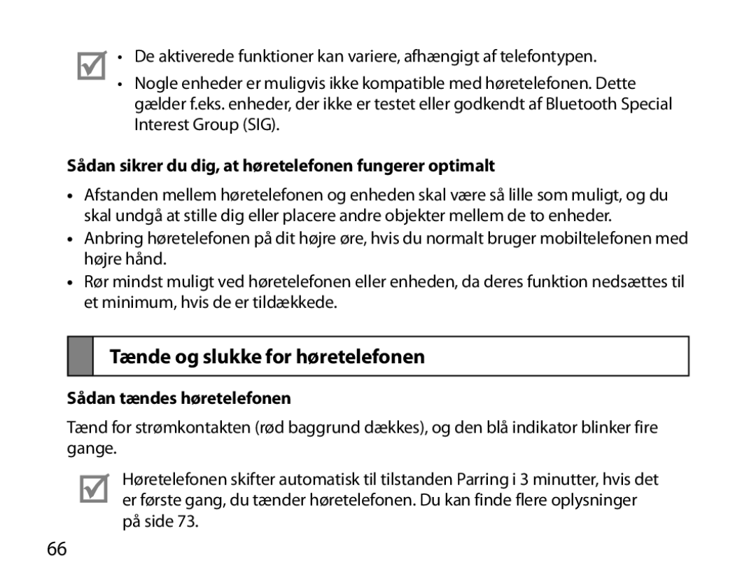 Samsung BHM6000EDECXEH manual Tænde og slukke for høretelefonen, Sådan sikrer du dig, at høretelefonen fungerer optimalt 