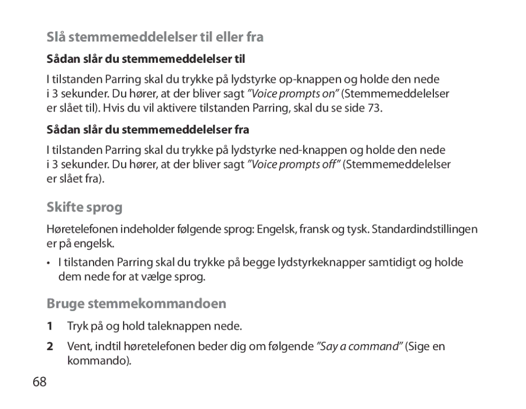 Samsung BHM6000EDECXEH manual Slå stemmemeddelelser til eller fra, Skifte sprog, Bruge stemmekommandoen 