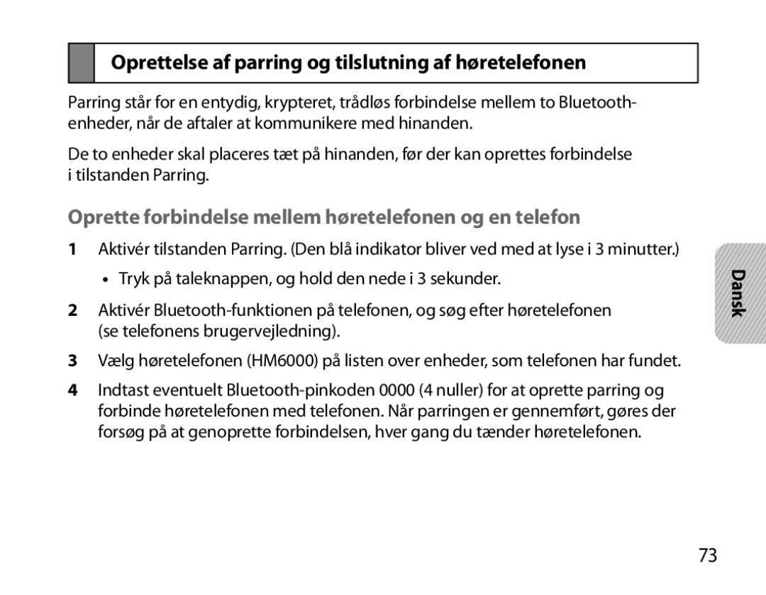 Samsung BHM6000EDECXEH manual Oprettelse af parring og tilslutning af høretelefonen 