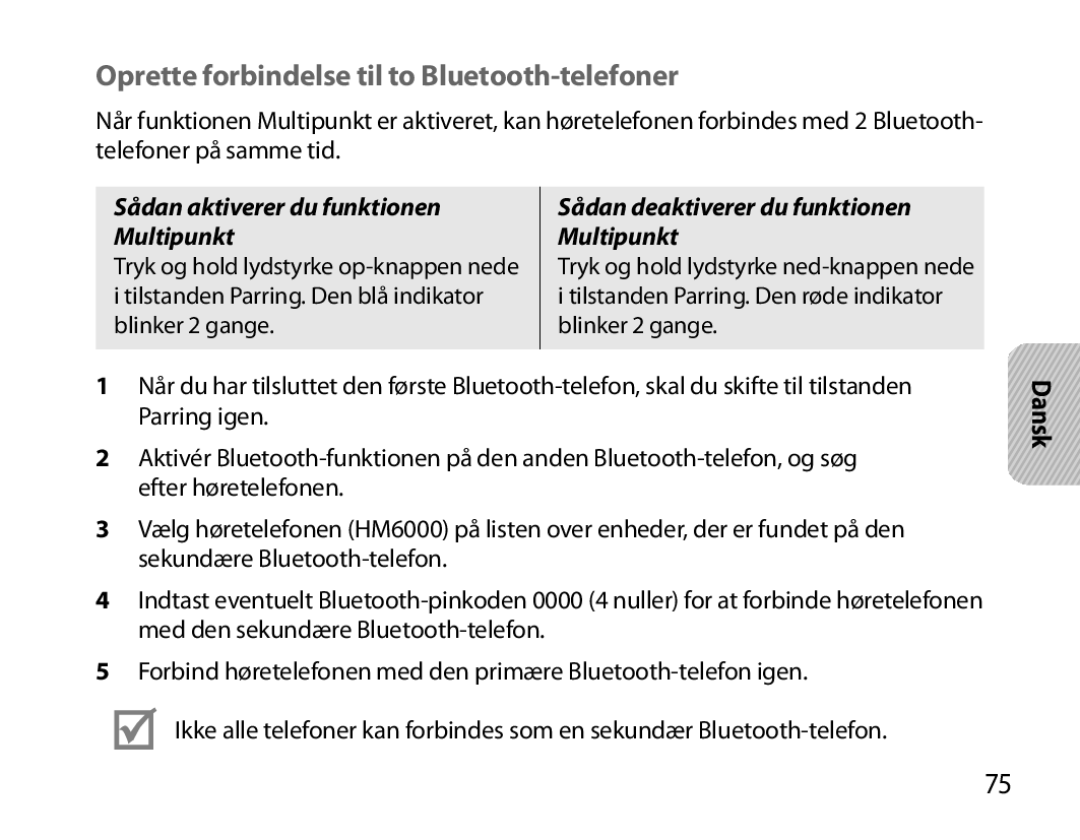 Samsung BHM6000EDECXEH manual Oprette forbindelse til to Bluetooth-telefoner, Sådan aktiverer du funktionen Multipunkt 