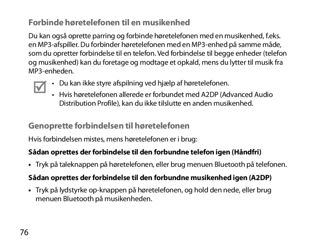 Samsung BHM6000EDECXEH manual Forbinde høretelefonen til en musikenhed, Genoprette forbindelsen til høretelefonen 