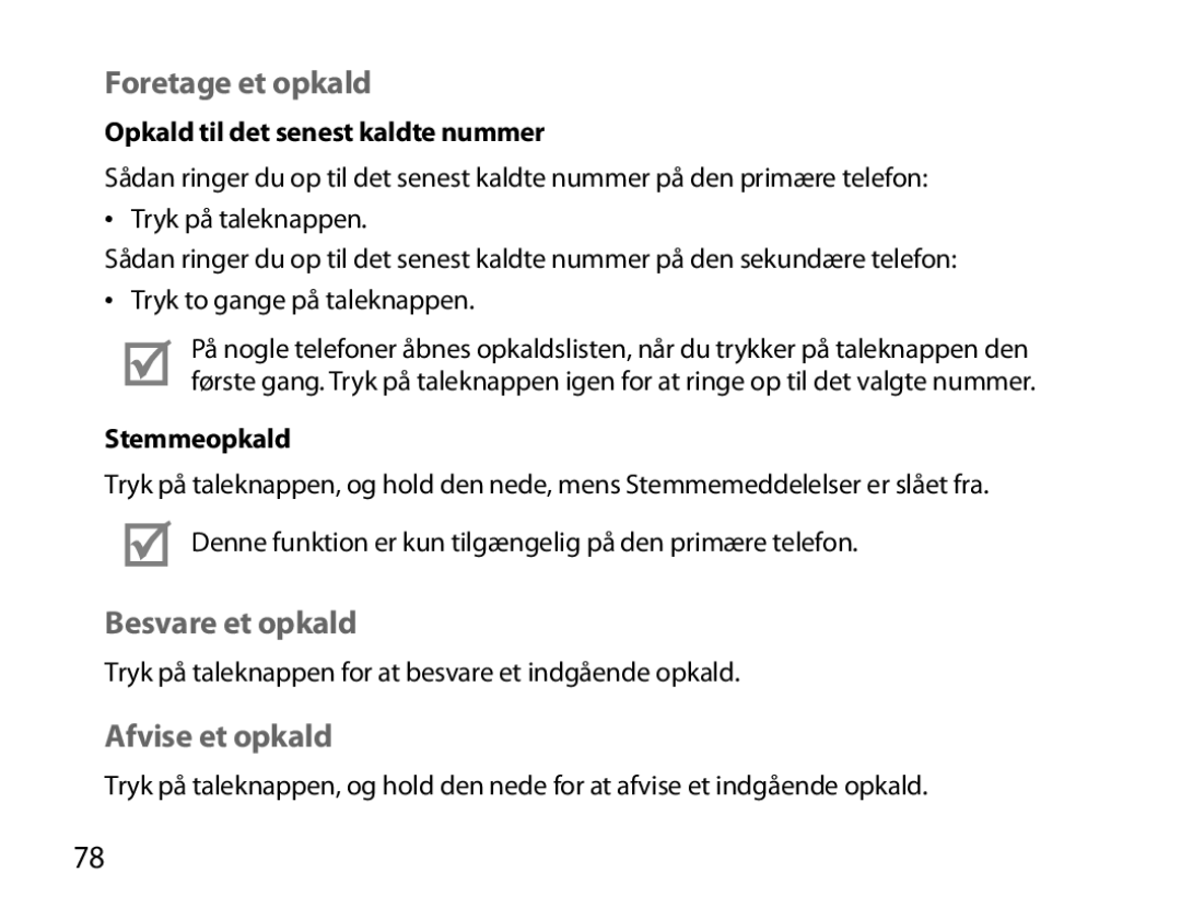 Samsung BHM6000EDECXEH manual Foretage et opkald, Besvare et opkald, Afvise et opkald, Opkald til det senest kaldte nummer 