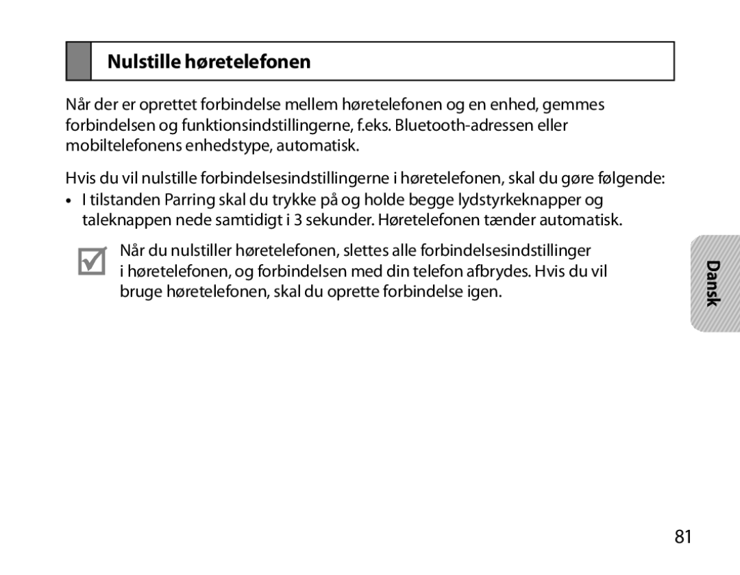 Samsung BHM6000EDECXEH manual Nulstille høretelefonen 