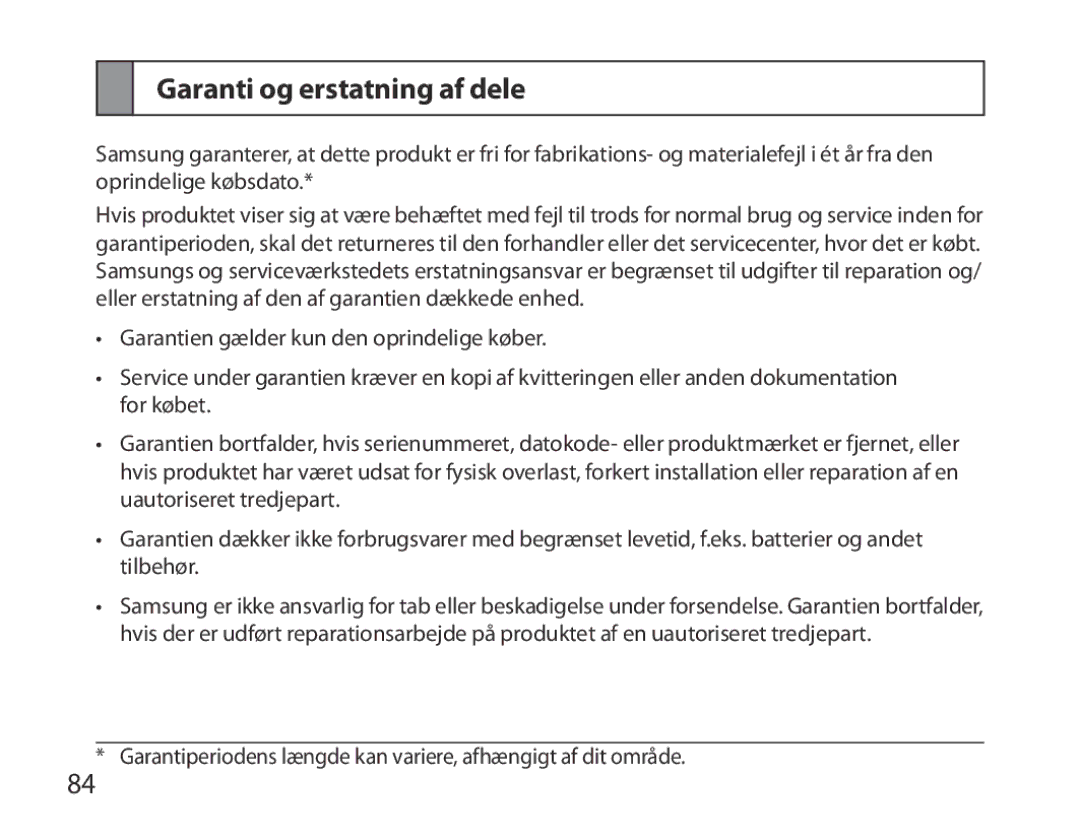 Samsung BHM6000EDECXEH manual Garanti og erstatning af dele 