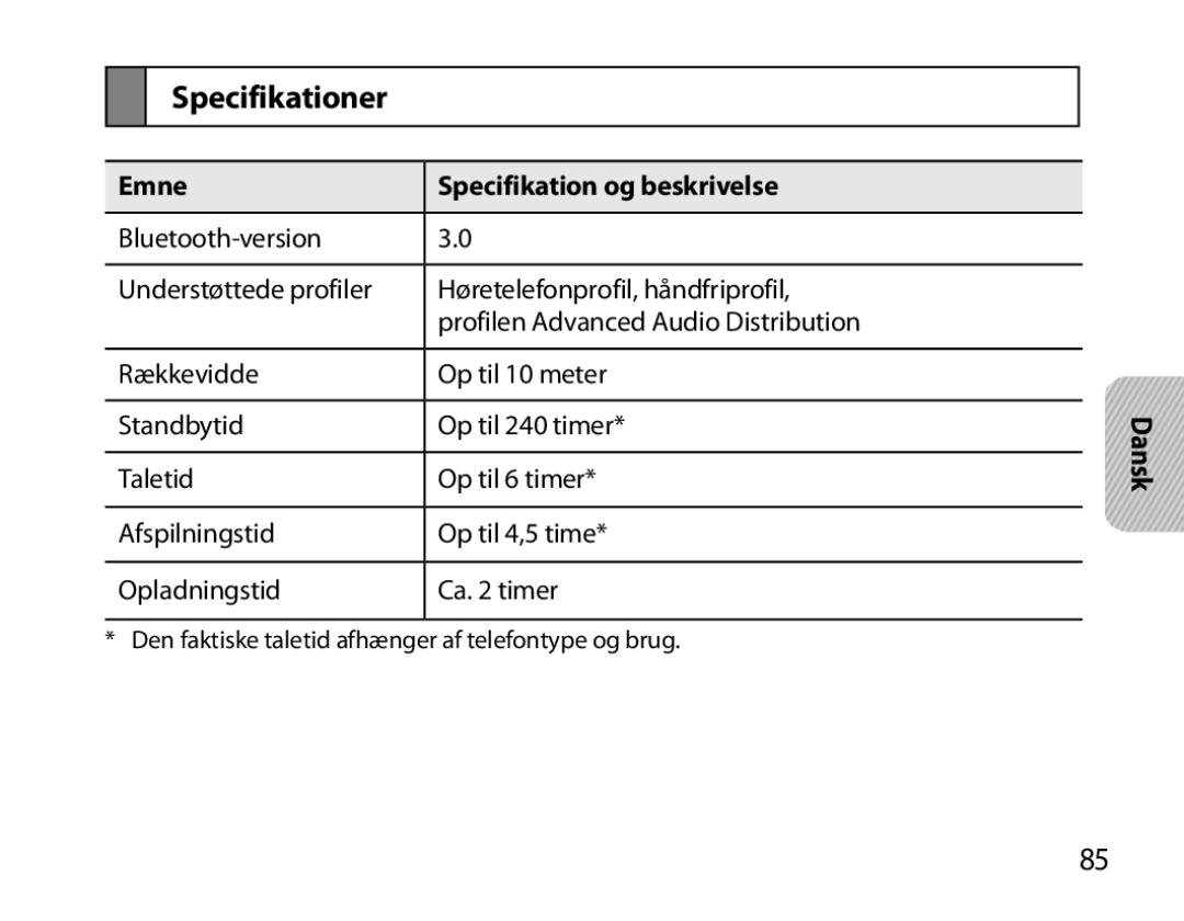 Samsung BHM6000EDECXEH manual Specifikationer, Emne Specifikation og beskrivelse 