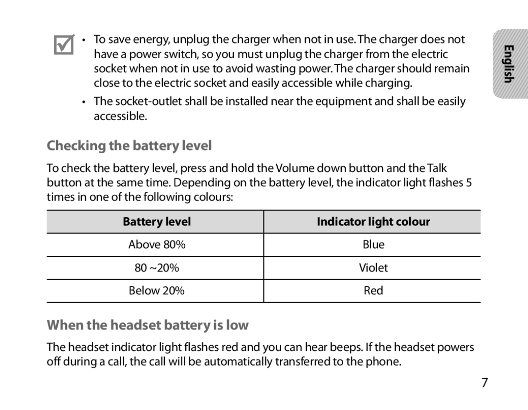 Samsung BHM6000EDECXEH Checking the battery level, When the headset battery is low, Battery level Indicator light colour 