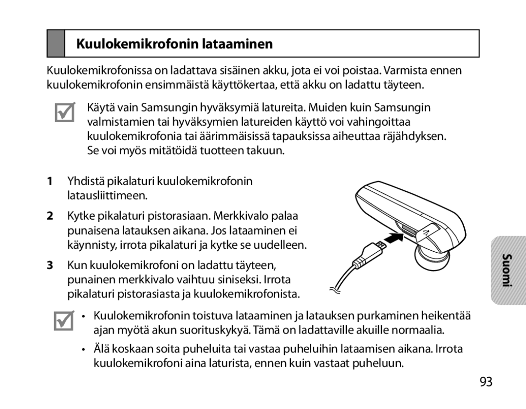 Samsung BHM6000EDECXEH manual Kuulokemikrofonin lataaminen, Suomi 