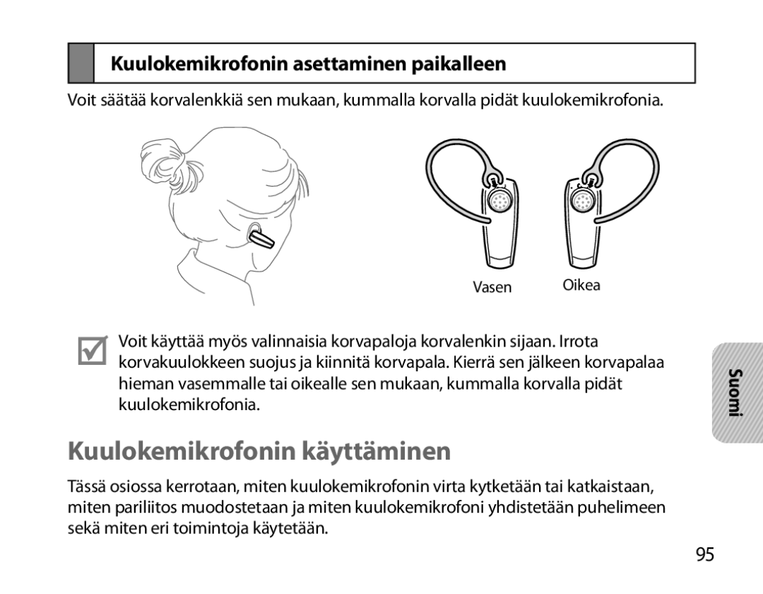 Samsung BHM6000EDECXEH manual Kuulokemikrofonin käyttäminen, Kuulokemikrofonin asettaminen paikalleen 