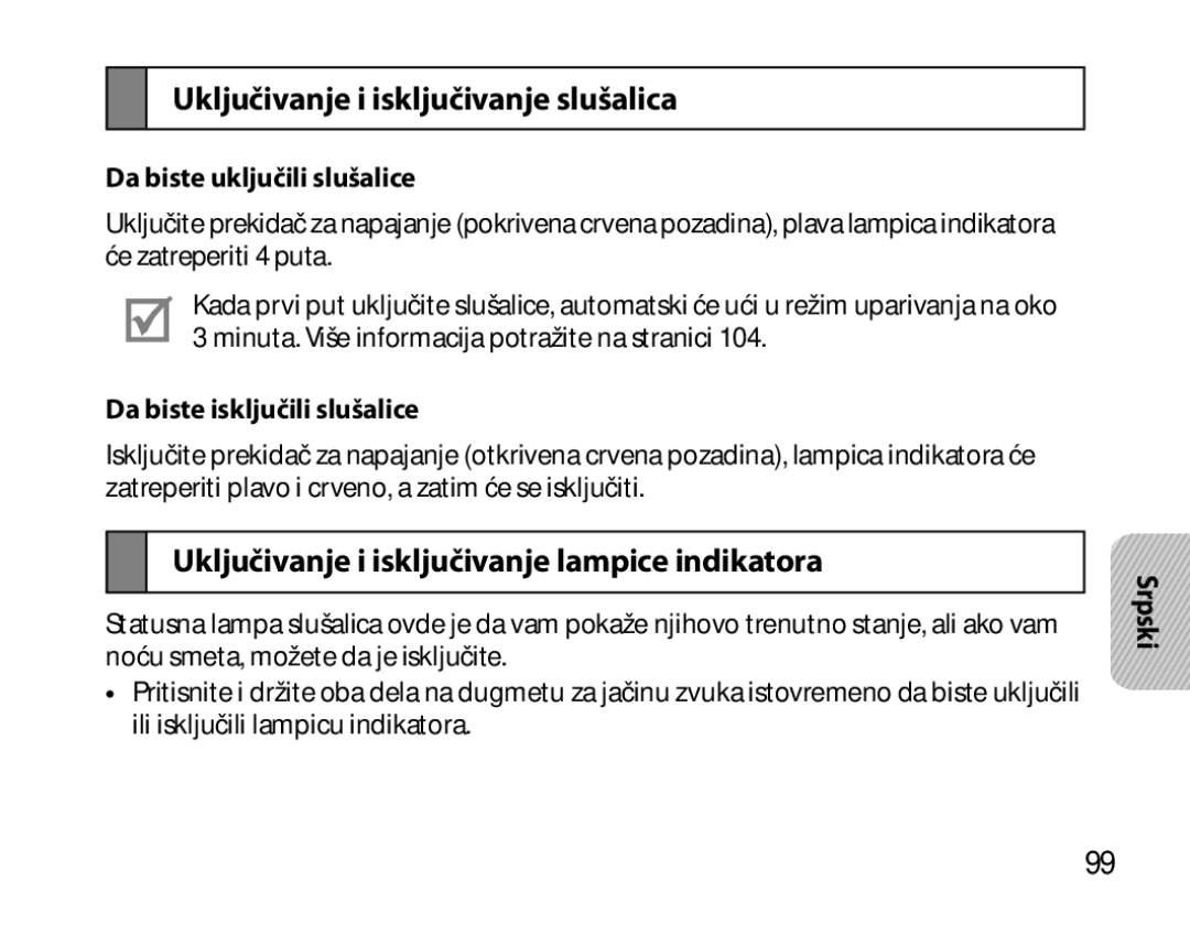 Samsung BHM6000EDECXEH manual Uključivanje i isključivanje slušalica, Uključivanje i isključivanje lampice indikatora 