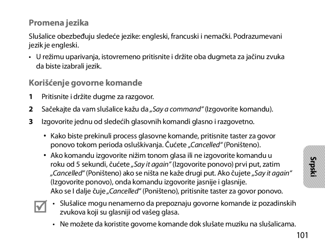 Samsung BHM6000EDECXEH manual Promena jezika, Korišćenje govorne komande, 101 