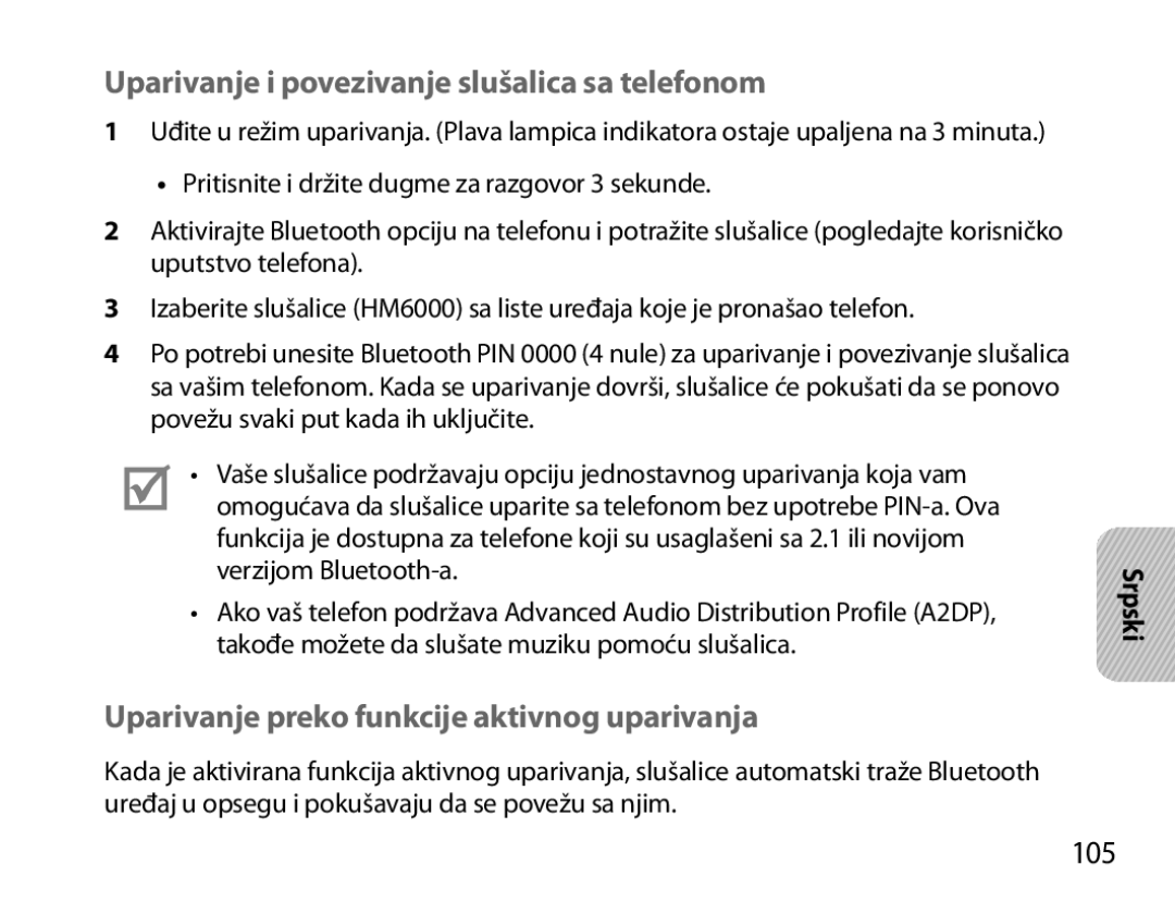 Samsung BHM6000EDECXEH Uparivanje i povezivanje slušalica sa telefonom, Uparivanje preko funkcije aktivnog uparivanja, 105 