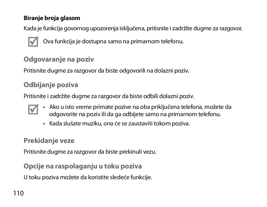 Samsung BHM6000EDECXEH Odgovaranje na poziv, Odbijanje poziva, Prekidanje veze, Opcije na raspolaganju u toku poziva, 110 