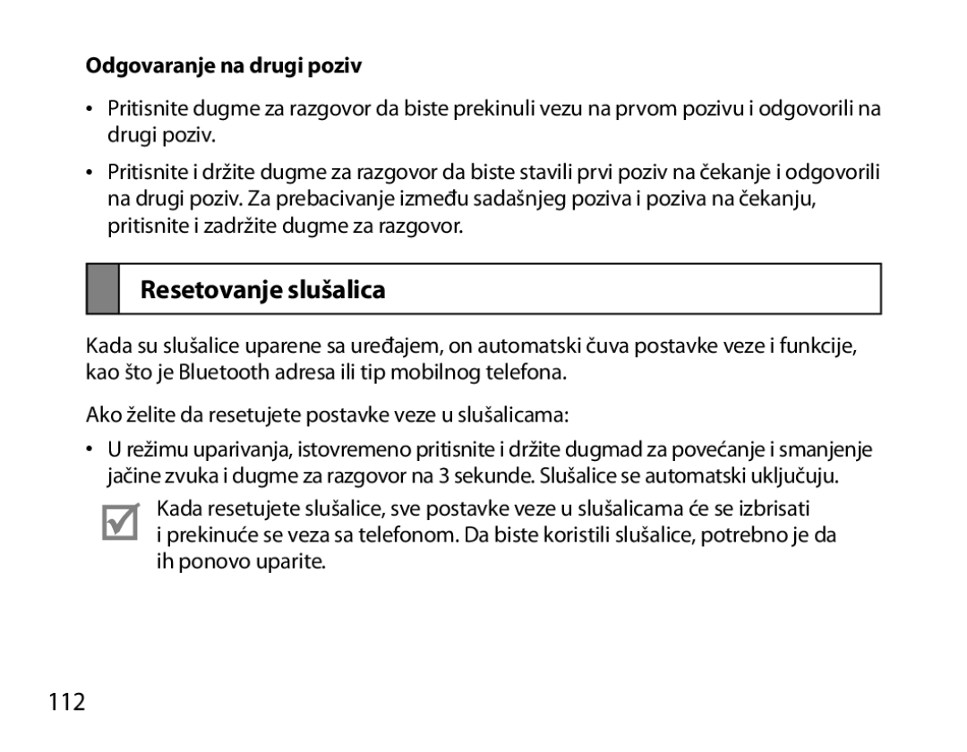 Samsung BHM6000EDECXEH manual Resetovanje slušalica, 112, Odgovaranje na drugi poziv 