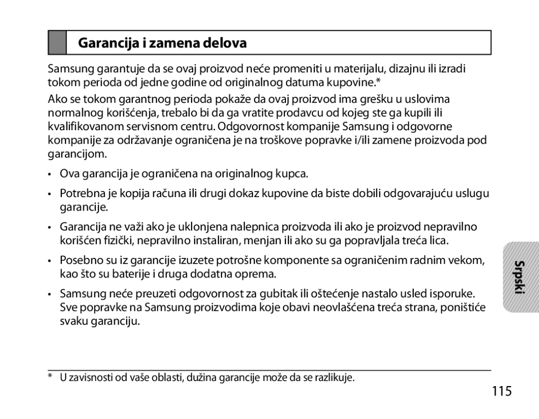 Samsung BHM6000EDECXEH manual Garancija i zamena delova, 115 