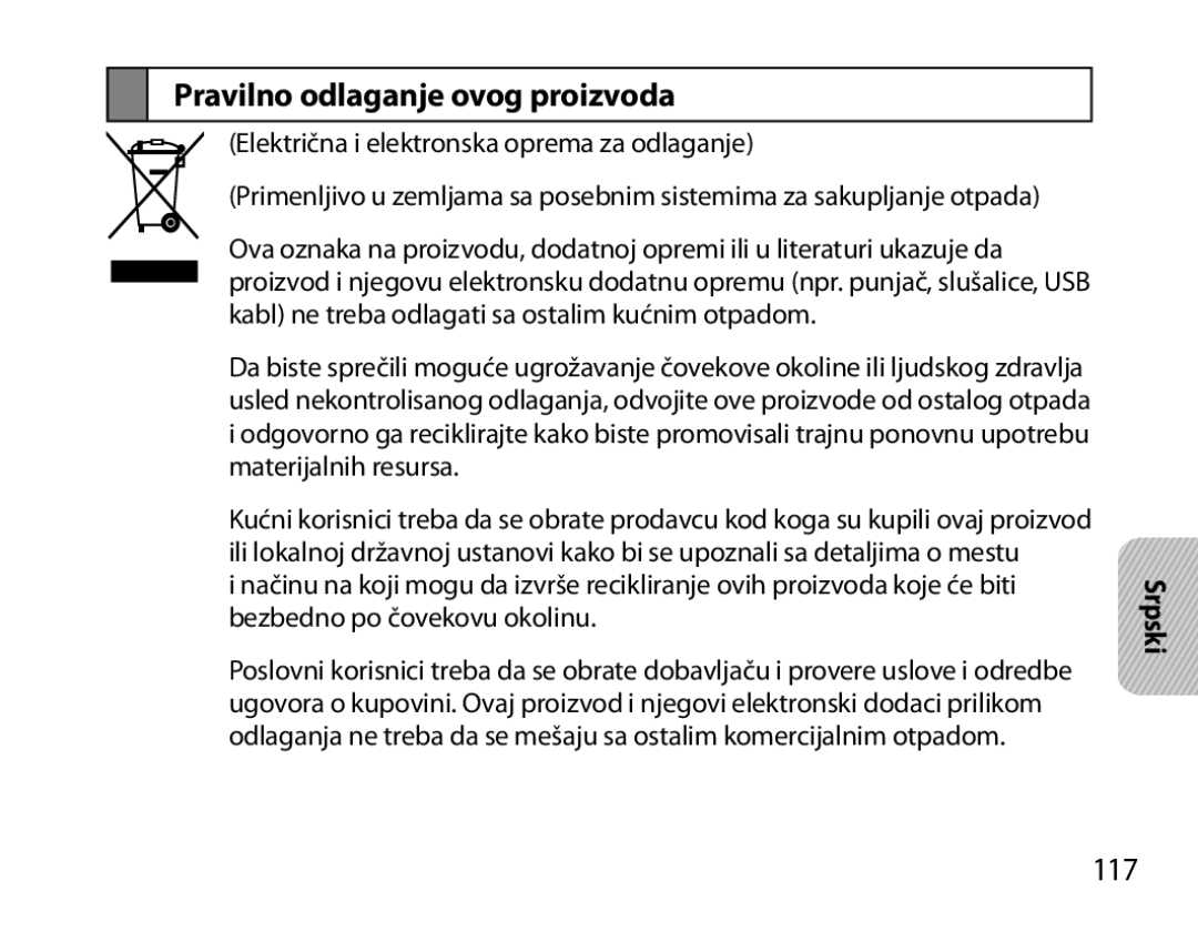 Samsung BHM6000EDECXEH manual Pravilno odlaganje ovog proizvoda, 117 