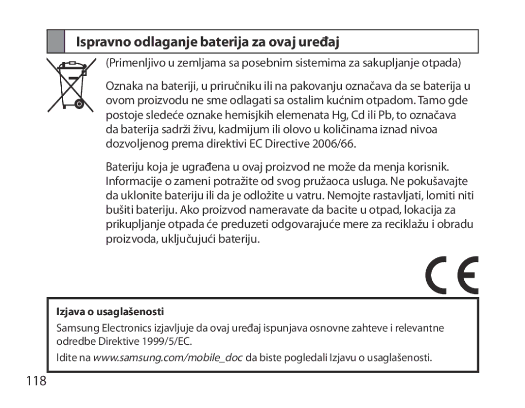 Samsung BHM6000EDECXEH manual Ispravno odlaganje baterija za ovaj uređaj, 118 