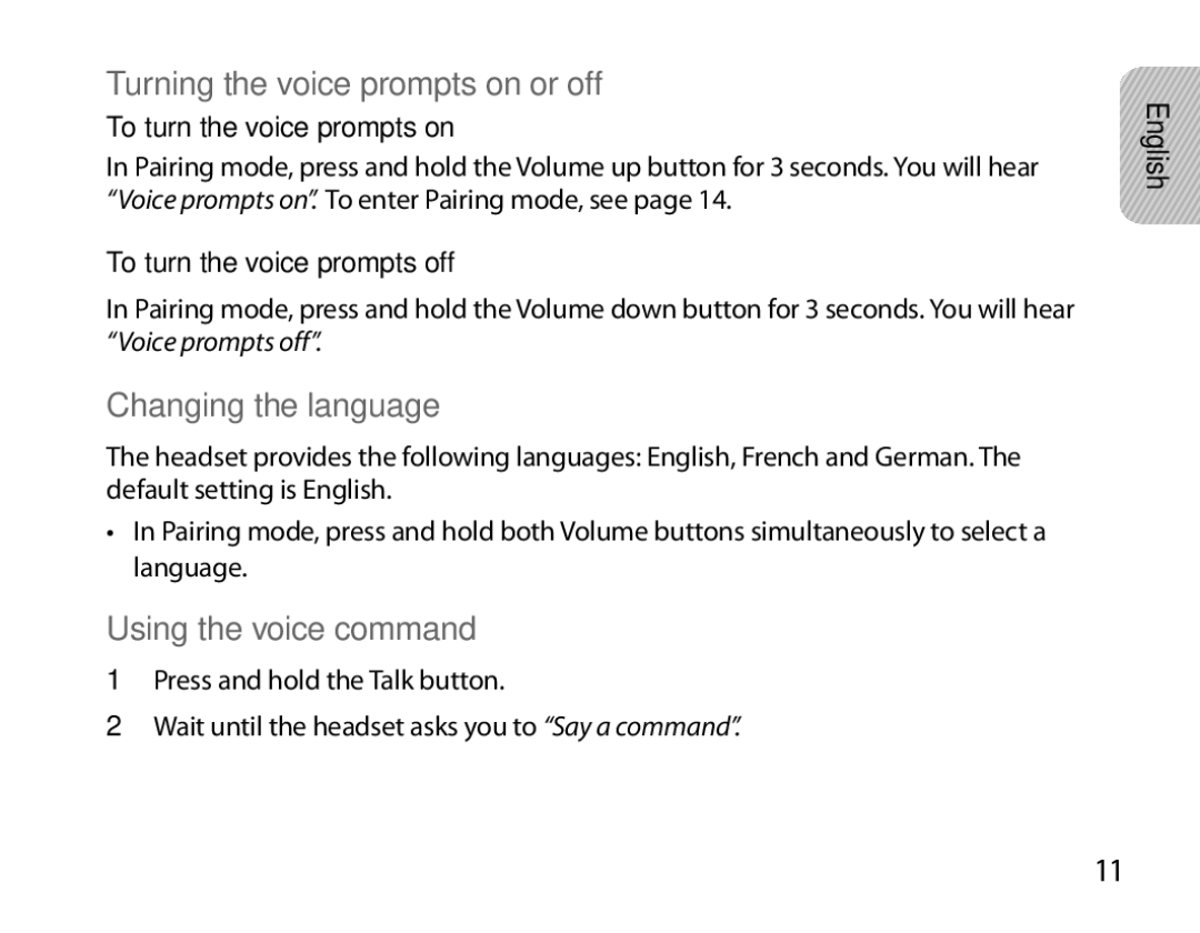 Samsung BHM6000EDECXEH manual Turning the voice prompts on or off, Changing the language, Using the voice command 