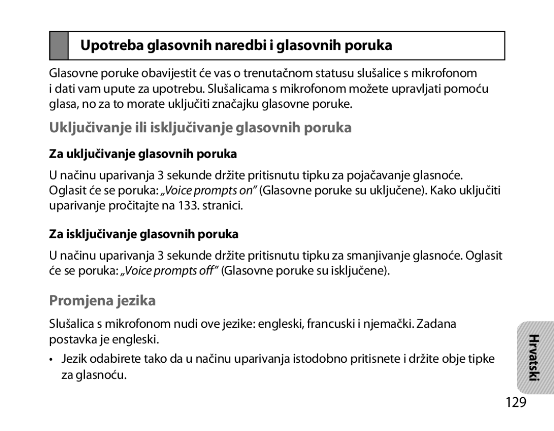 Samsung BHM6000EDECXEH Upotreba glasovnih naredbi i glasovnih poruka, Uključivanje ili isključivanje glasovnih poruka, 129 