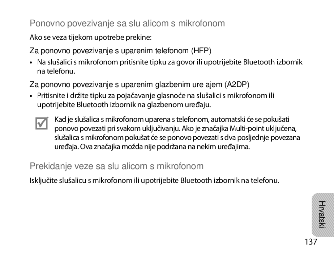 Samsung BHM6000EDECXEH Ponovno povezivanje sa slušalicom s mikrofonom, Prekidanje veze sa slušalicom s mikrofonom, 137 