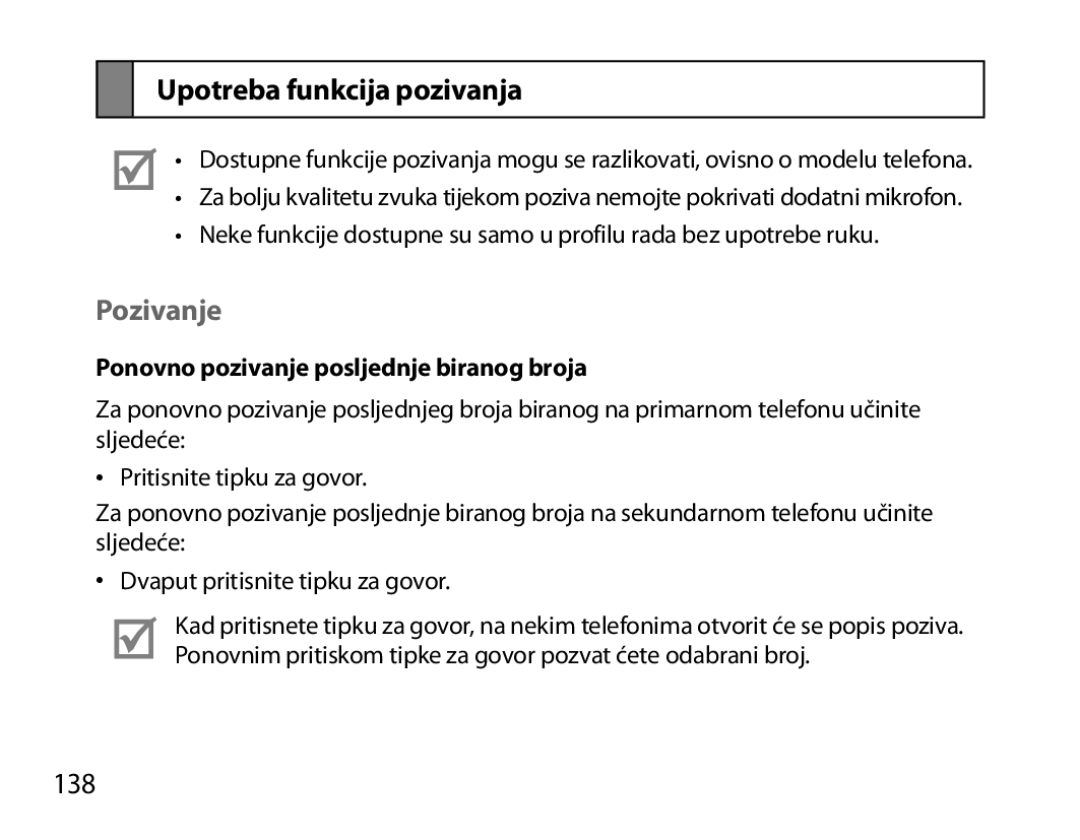 Samsung BHM6000EDECXEH manual Upotreba funkcija pozivanja, 138, Ponovno pozivanje posljednje biranog broja 