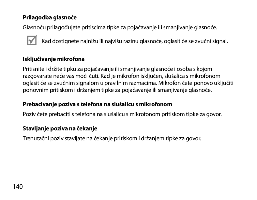 Samsung BHM6000EDECXEH manual 140, Prilagodba glasnoće, Prebacivanje poziva s telefona na slušalicu s mikrofonom 