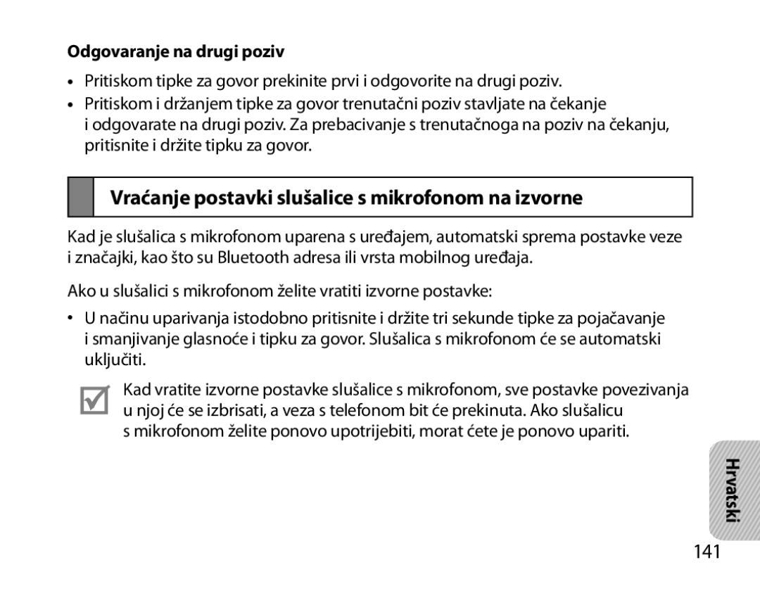 Samsung BHM6000EDECXEH manual Vraćanje postavki slušalice s mikrofonom na izvorne, 141 