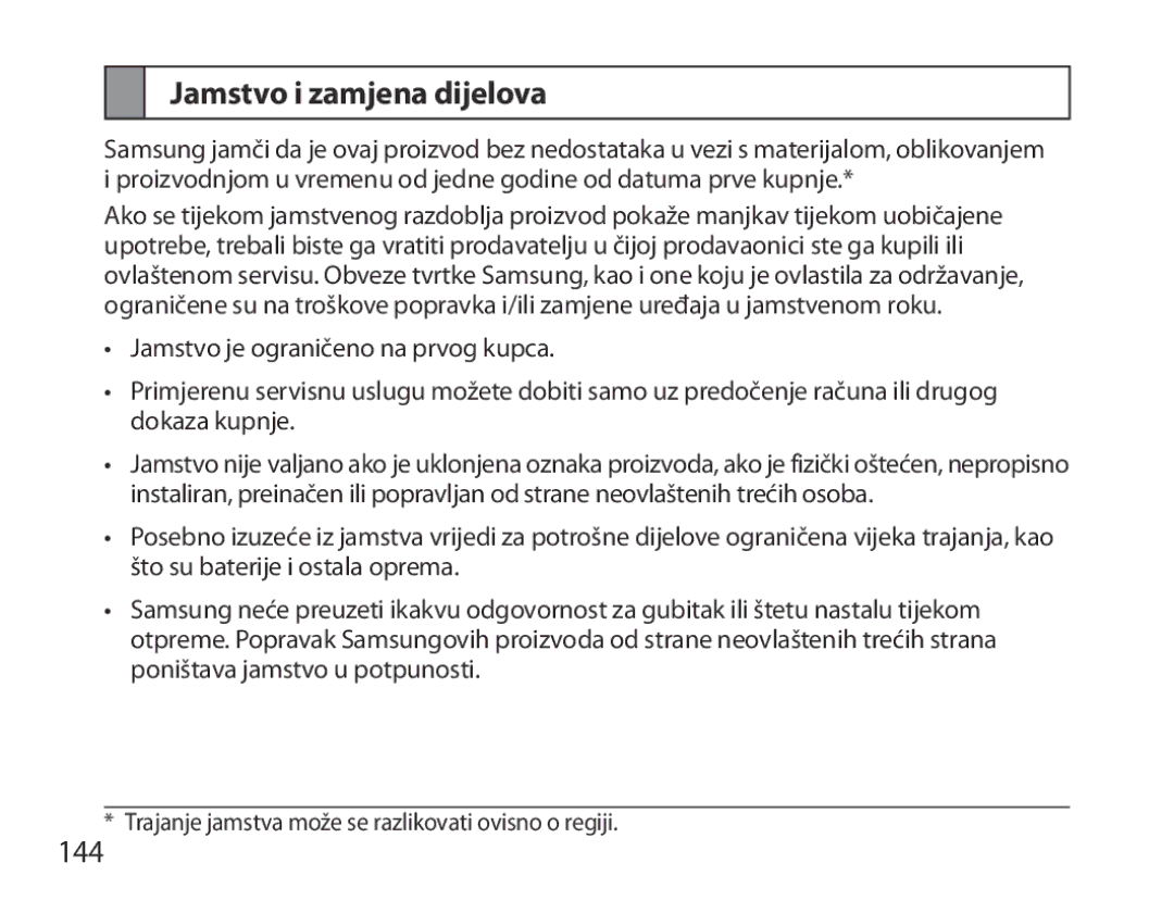 Samsung BHM6000EDECXEH manual Jamstvo i zamjena dijelova, 144 