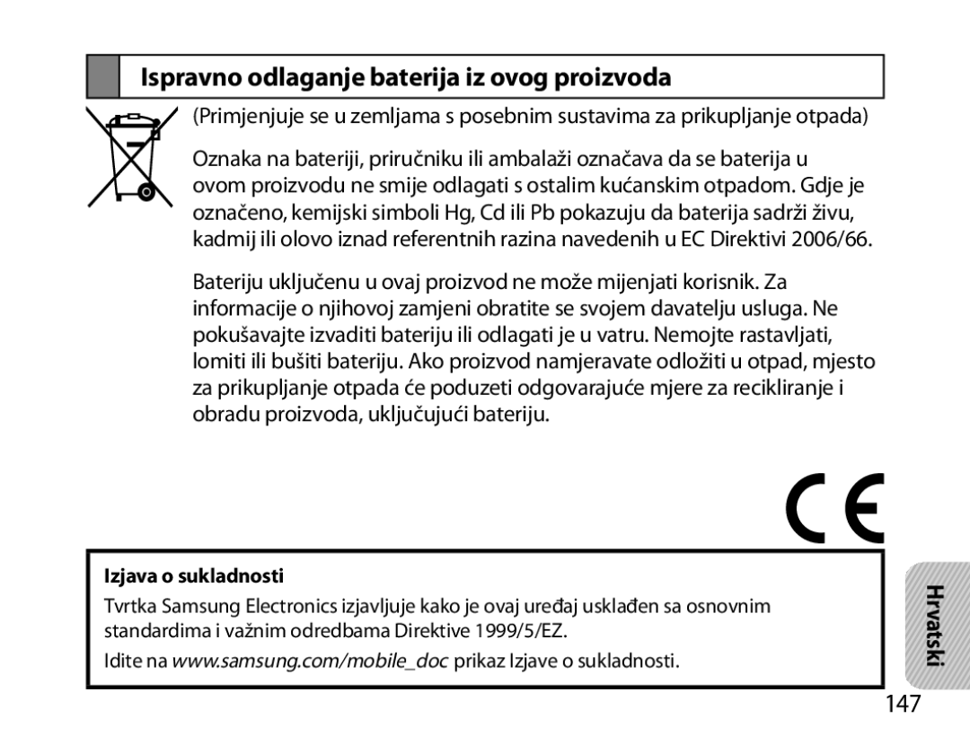 Samsung BHM6000EDECXEH manual Ispravno odlaganje baterija iz ovog proizvoda, 147 