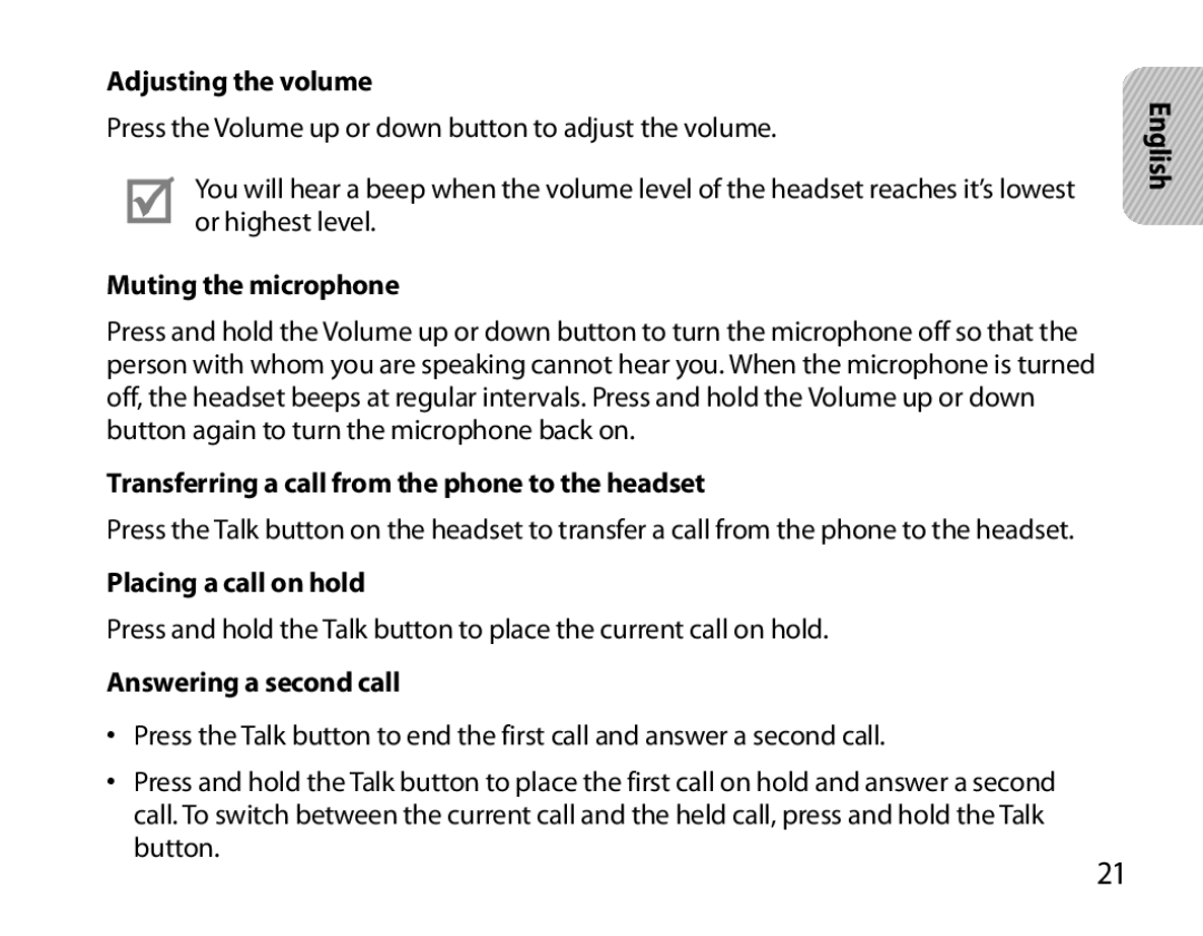 Samsung BHM6000EDECXEH Adjusting the volume, Muting the microphone, Transferring a call from the phone to the headset 