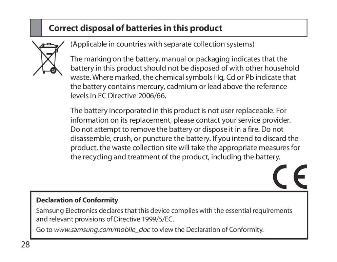 Samsung BHM6000EDECXEH manual Correct disposal of batteries in this product, Declaration of Conformity 