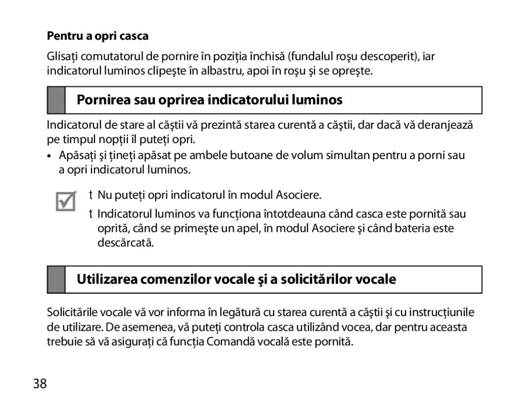 Samsung BHM6000EDECXEH Pornirea sau oprirea indicatorului luminos, Utilizarea comenzilor vocale şi a solicitărilor vocale 