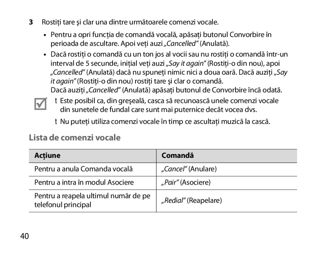 Samsung BHM6000EDECXEH manual Lista de comenzi vocale, Acţiune Comandă 