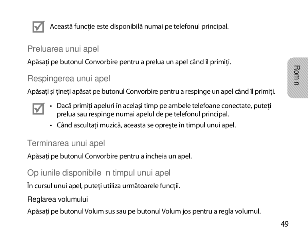 Samsung BHM6000EDECXEH manual Preluarea unui apel, Respingerea unui apel, Terminarea unui apel, Reglarea volumului 