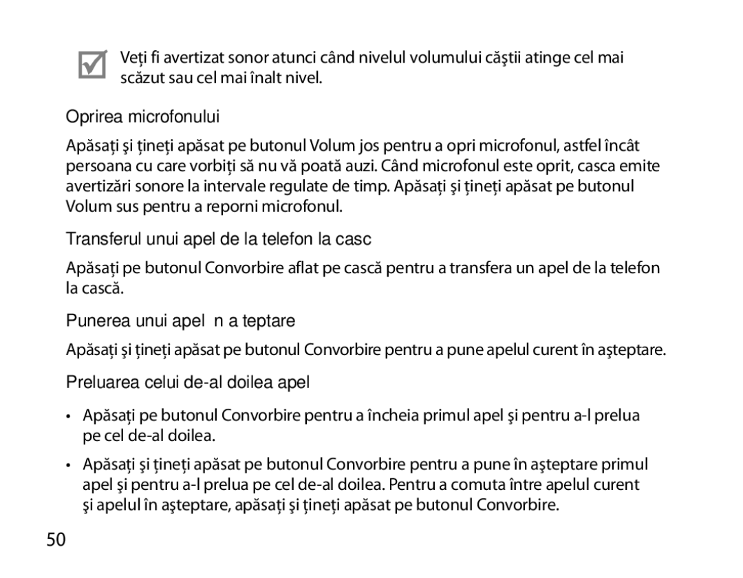 Samsung BHM6000EDECXEH Oprirea microfonului, Transferul unui apel de la telefon la cască, Punerea unui apel în aşteptare 