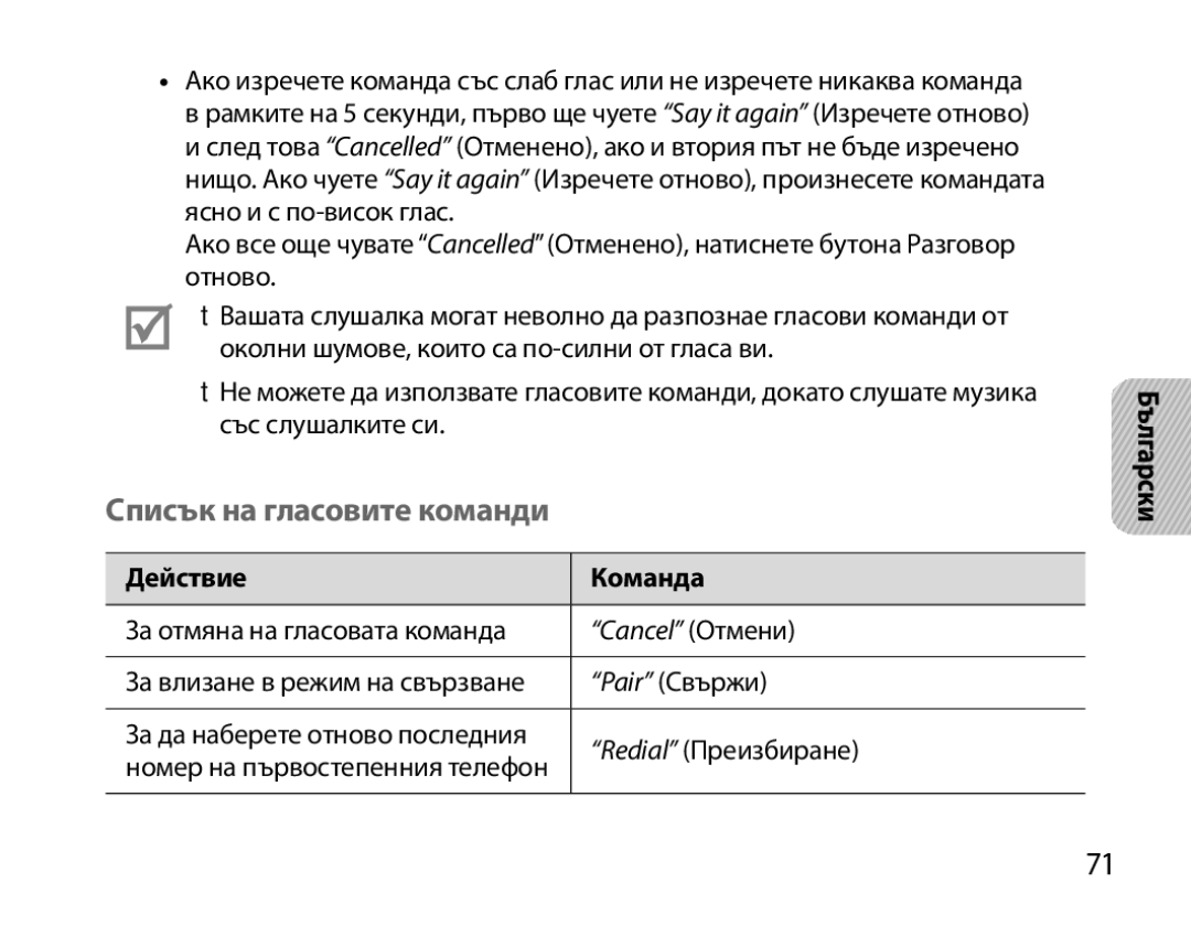 Samsung BHM6000EDECXEH manual Cписък на гласовите команди, Действие Команда 