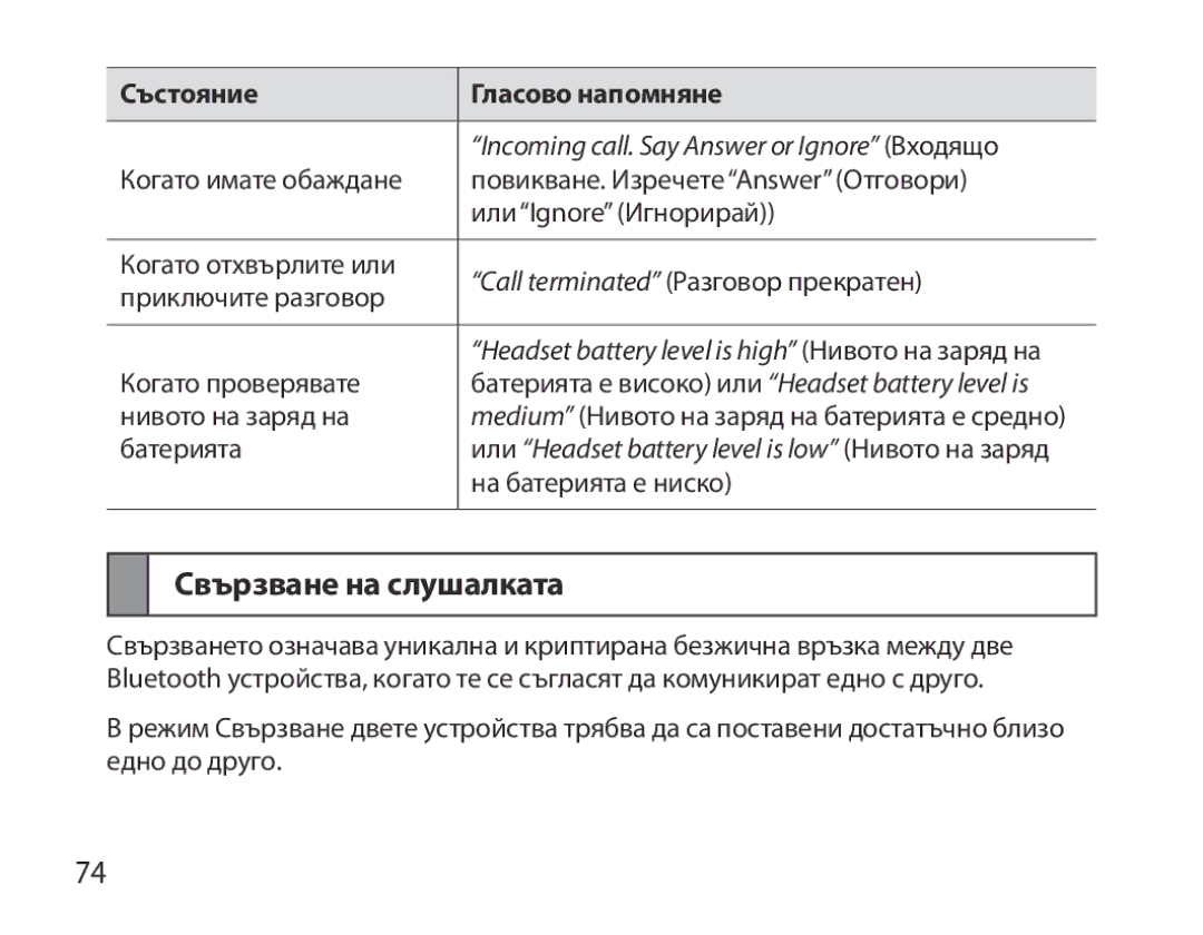 Samsung BHM6000EDECXEH manual Cвързване на слушалката, Състояние Гласово напомняне 