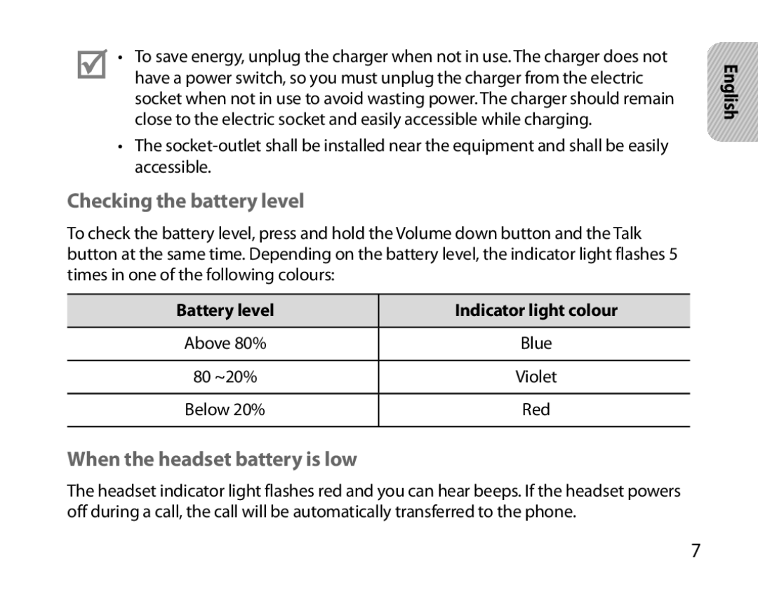 Samsung BHM6000EDECXEH Checking the battery level, When the headset battery is low, Battery level Indicator light colour 