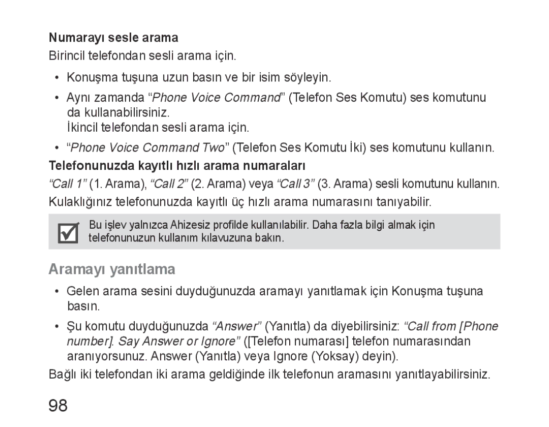 Samsung BHM6400EGEGXEH manual Aramayı yanıtlama, Numarayı sesle arama, Telefonunuzda kayıtlı hızlı arama numaraları 