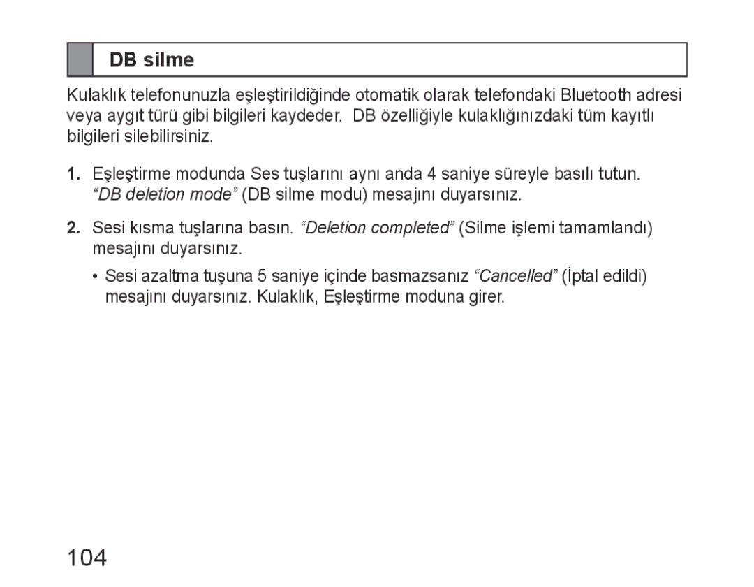 Samsung BHM6400EGEGXEH manual 104, DB silme 