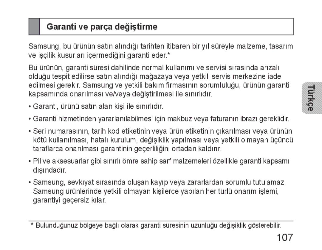 Samsung BHM6400EGEGXEH manual 107, Garanti ve parça değiştirme 