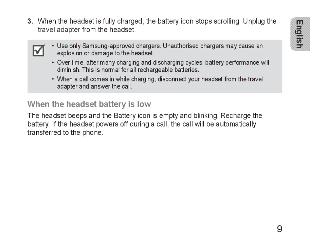 Samsung BHM6400EGEGXEH manual When the headset battery is low 