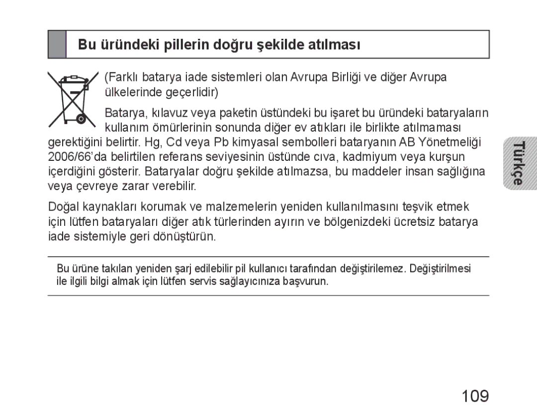 Samsung BHM6400EGEGXEH manual 109, Bu üründeki pillerin doğru şekilde atılması 