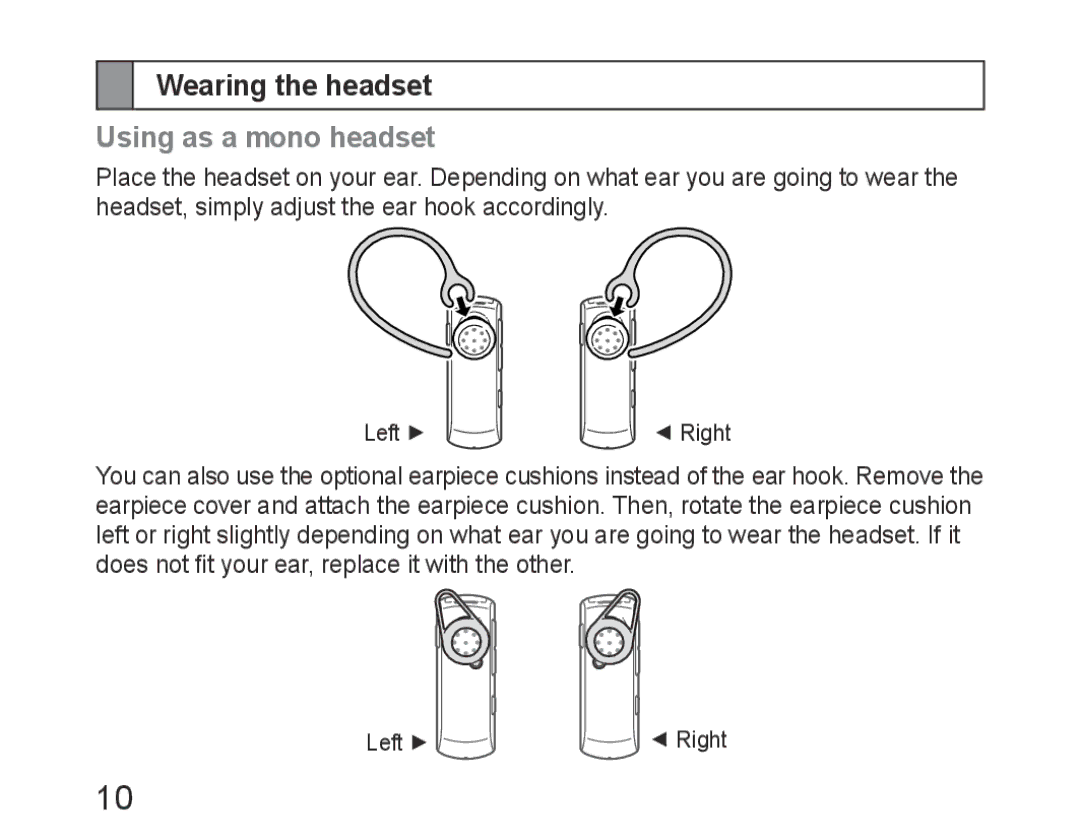 Samsung BHM6400EGEGXEH manual Wearing the headset, Using as a mono headset 