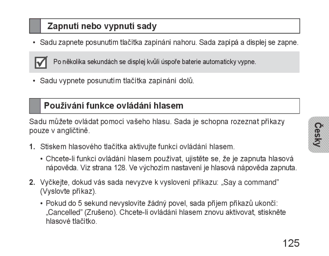 Samsung BHM6400EGEGXEH manual 125, Zapnutí nebo vypnutí sady, Používání funkce ovládání hlasem 