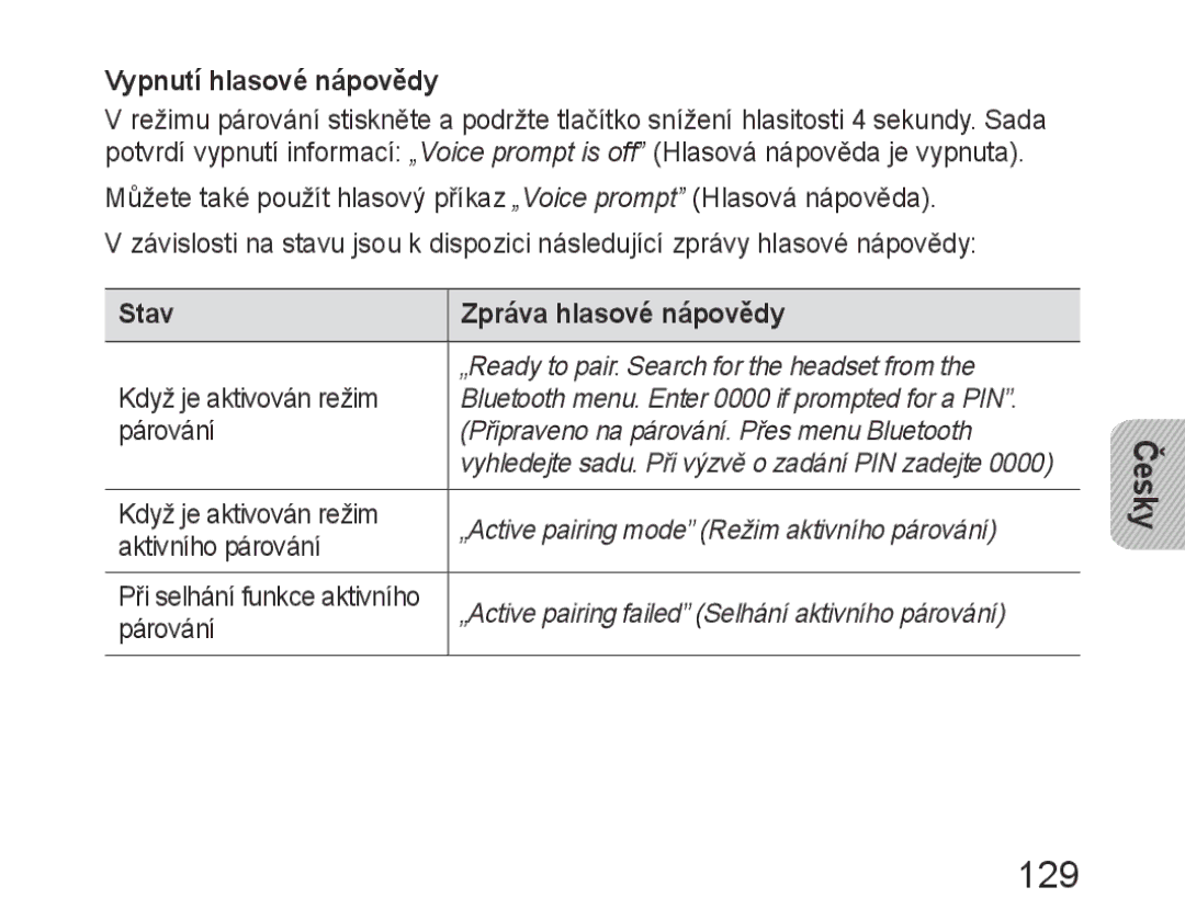 Samsung BHM6400EGEGXEH manual 129, Vypnutí hlasové nápovědy, Stav Zpráva hlasové nápovědy 