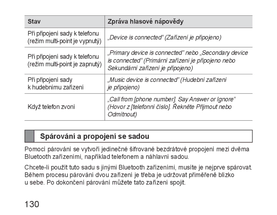 Samsung BHM6400EGEGXEH manual 130, Spárování a propojení se sadou 