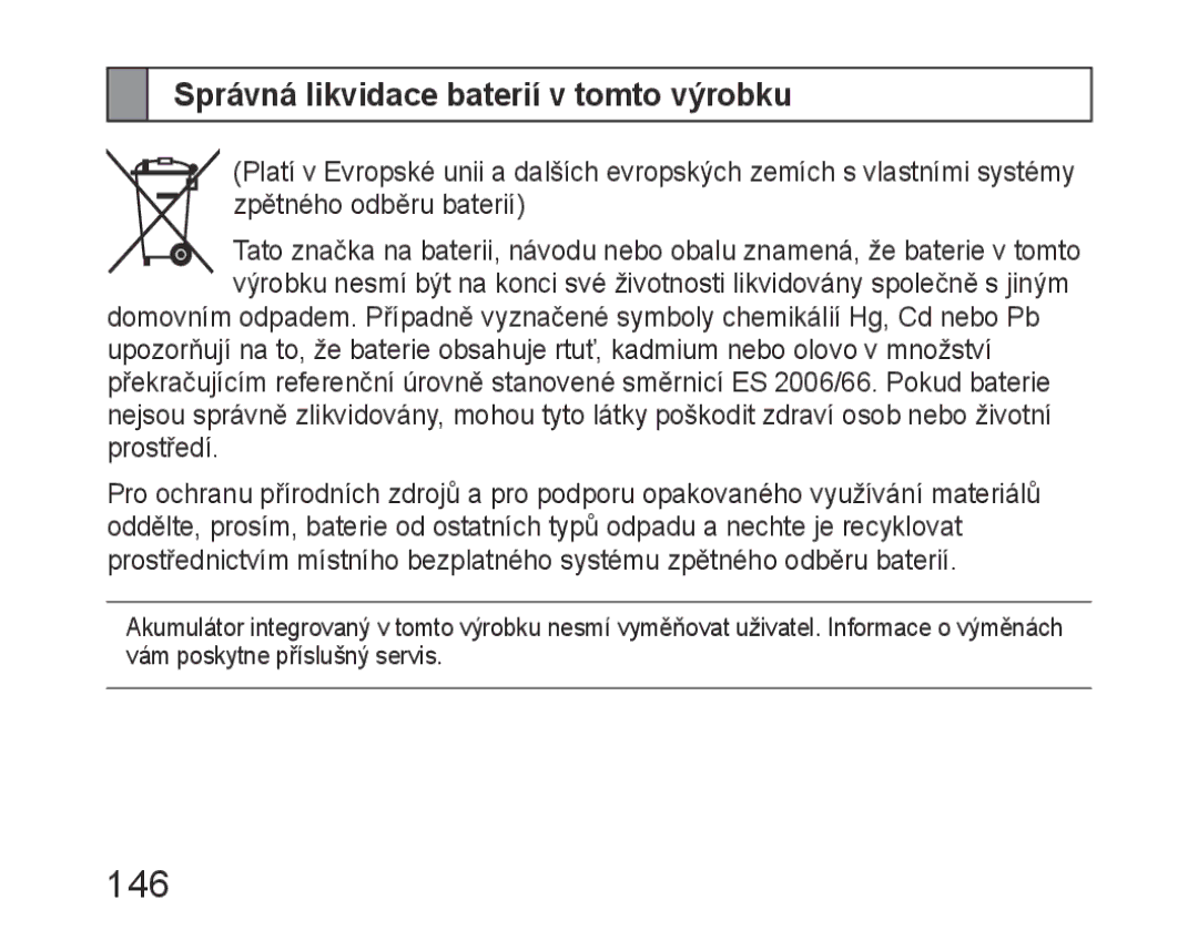 Samsung BHM6400EGEGXEH manual 146, Správná likvidace baterií v tomto výrobku 