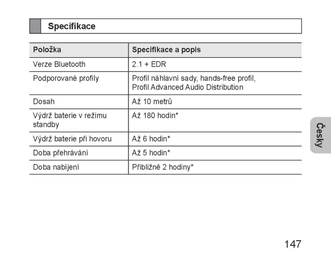 Samsung BHM6400EGEGXEH manual 147, Položka Specifikace a popis 