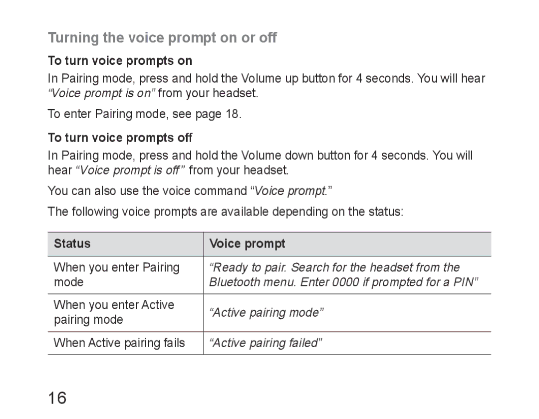 Samsung BHM6400EGEGXEH manual Turning the voice prompt on or off, To turn voice prompts on, To turn voice prompts off 