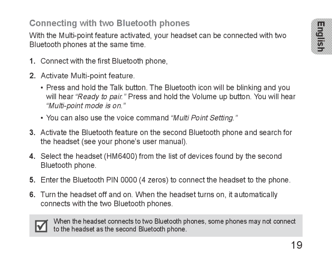 Samsung BHM6400EGEGXEH manual Connecting with two Bluetooth phones 